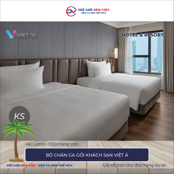 Bộ chăn ga gối khách sạn Việt Á Cotton T200 trắng trơn
